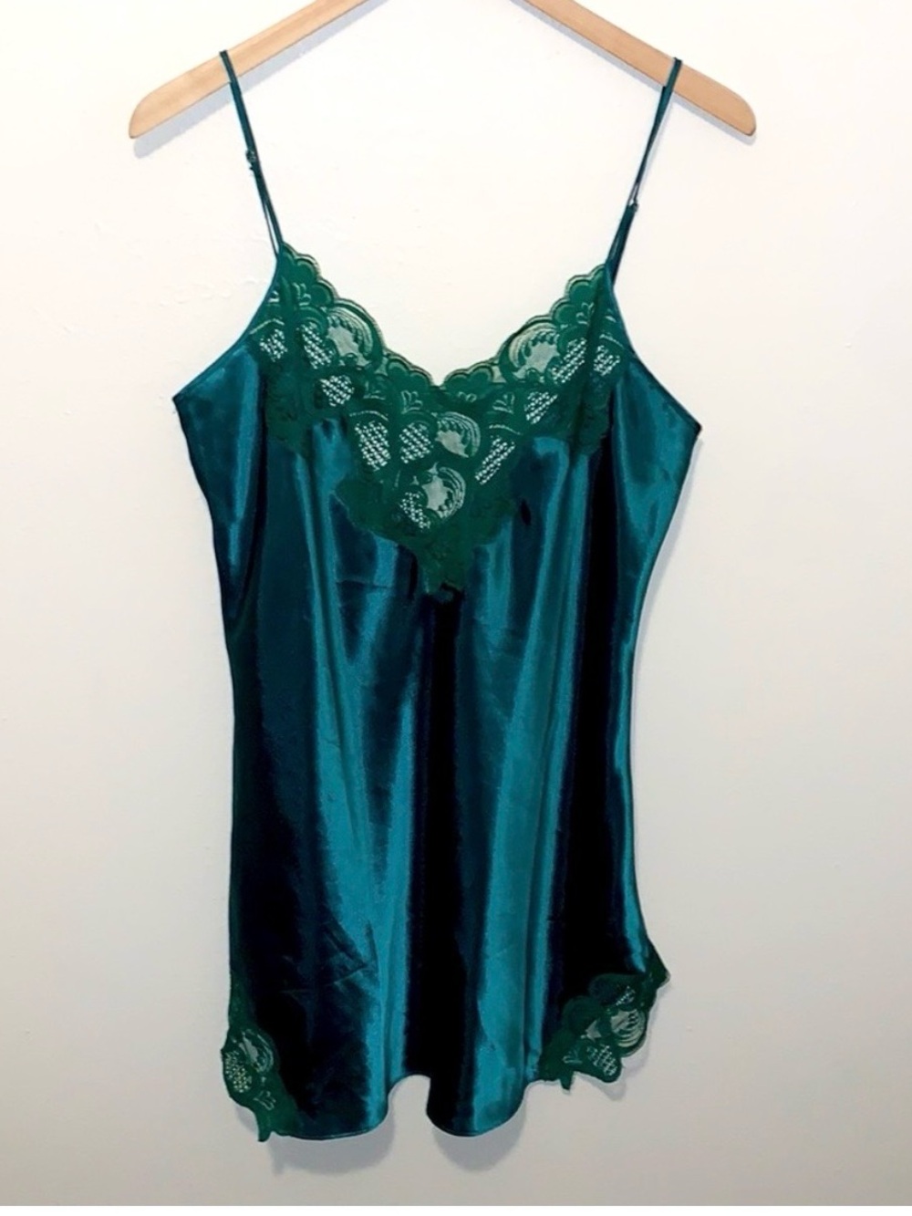 Vintage 80s Victoria's Secret Gold Label Slip Emerald Satin Dress L